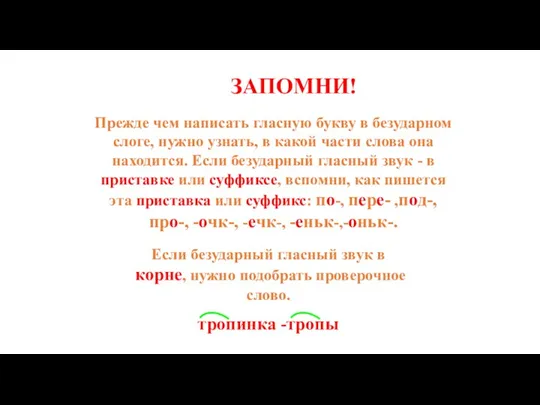 ЗАПОМНИ! Прежде чем написать гласную букву в безударном слоге, нужно