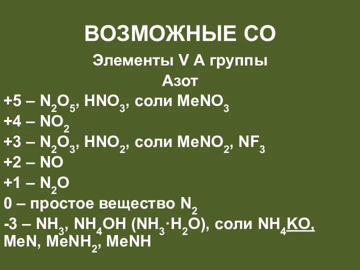 Возможные со Элементы V А группы Азот +5 – N2O5,