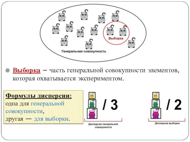 Выборка – часть генеральной совокупности элементов, которая охватывается экспериментом. Формулы