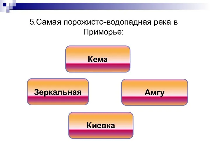 5.Самая порожисто-водопадная река в Приморье: Кема Амгу Зеркальная Киевка