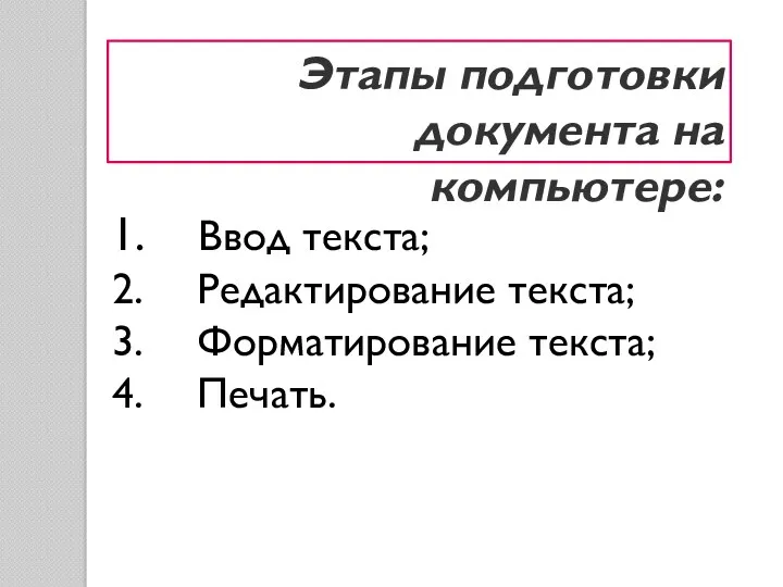 Этапы подготовки документа на компьютере: Ввод текста; Редактирование текста; Форматирование текста; Печать.