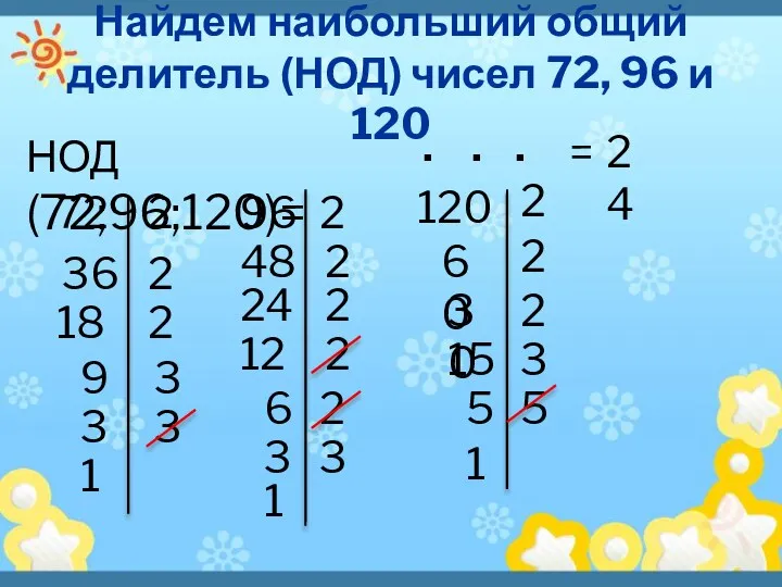 Найдем наибольший общий делитель (НОД) чисел 72, 96 и 120