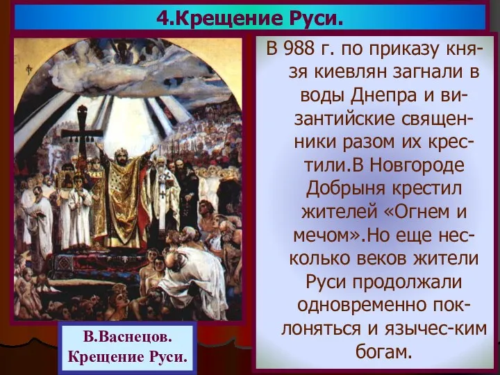 В 988 г. по приказу кня-зя киевлян загнали в воды