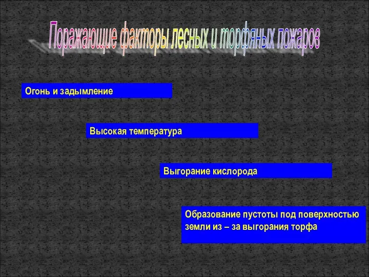 Поражающие факторы лесных и торфяных пожаров Огонь и задымление Высокая