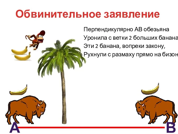 Обвинительное заявление А В Перпендикулярно АВ обезьяна Уронила с ветки 2 больших банана.