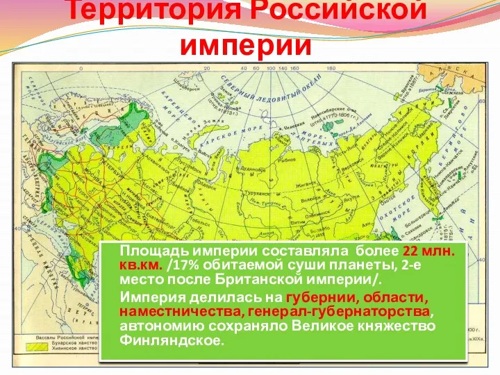 Территория Российской империи Площадь империи составляла более 22 млн.кв.км. /17%