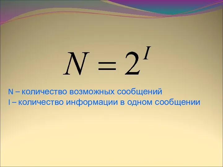 N – количество возможных сообщений I – количество информации в одном сообщении