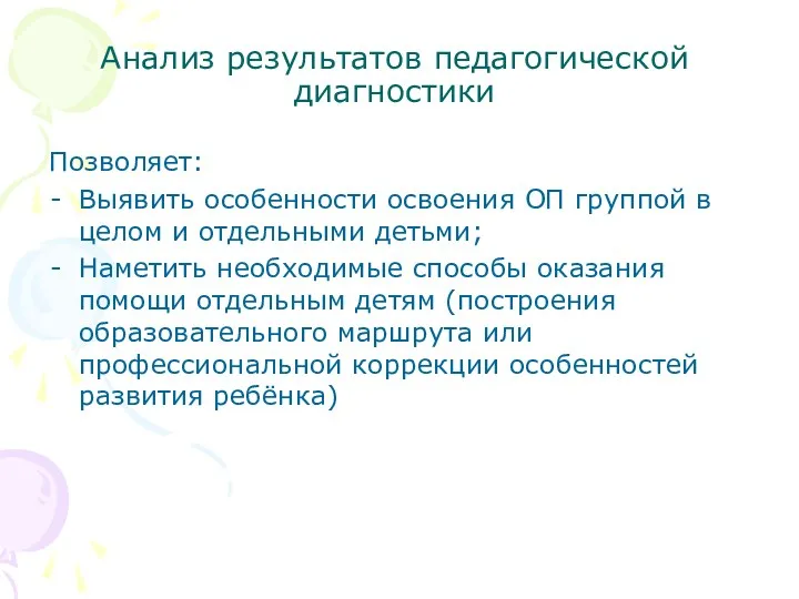 Анализ результатов педагогической диагностики Позволяет: Выявить особенности освоения ОП группой