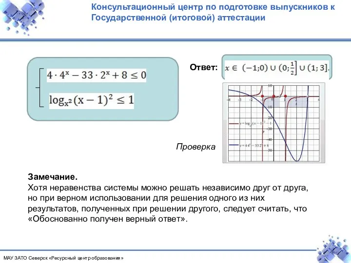 Ответ: Проверка Замечание. Хотя неравенства системы можно решать независимо друг