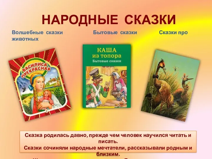 НАРОДНЫЕ СКАЗКИ Волшебные сказки Бытовые сказки Сказки про животных Сказка родилась давно, прежде