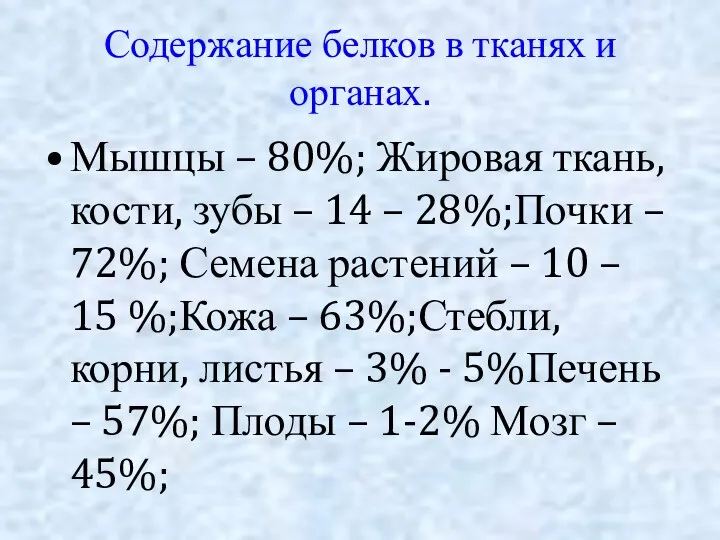 Содержание белков в тканях и органах. Мышцы – 80%; Жировая