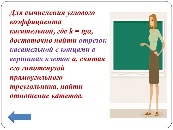 Для вычисления углового коэффициента касательной, где k = tgα, достаточно найти отрезок касательной