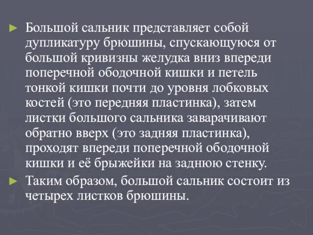 Большой сальник представляет собой дупликатуру брюшины, спускающуюся от большой кривизны