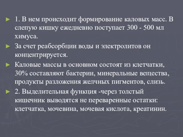 1. В нем происходит формирование каловых масс. В слепую кишку