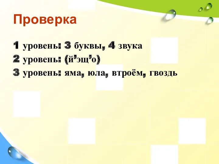 Проверка 1 уровень: 3 буквы, 4 звука 2 уровень: (й’эщ’о) 3 уровень: яма, юла, втроём, гвоздь