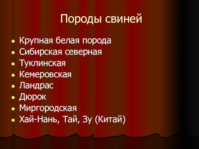 Породы свиней Крупная белая порода Сибирская северная Туклинская Кемеровская Ландрас Дюрок Миргородская Хай-Нань, Тай, Зу (Китай)