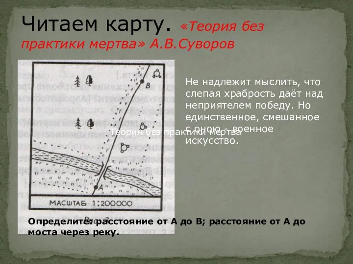 Читаем карту. «Теория без практики мертва» А.В.Суворов Определите: расстояние от