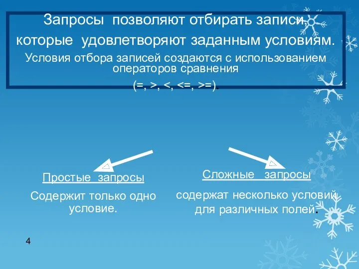 Запросы позволяют отбирать записи, которые удовлетворяют заданным условиям. Условия отбора