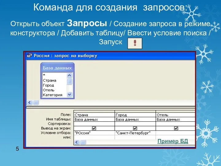 Команда для создания запросов: Открыть объект Запросы / Создание запроса