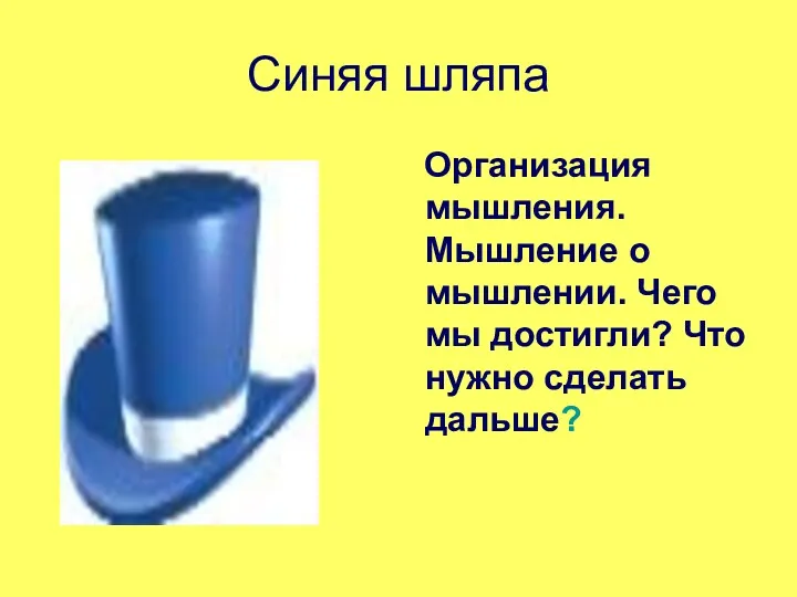 Синяя шляпа Организация мышления. Мышление о мышлении. Чего мы достигли? Что нужно сделать дальше?