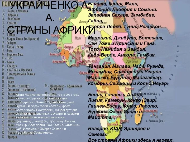 УКРАЙЧЕНКО А.А. СТРАНЫ АФРИКИ Карта Африки непостоянна, так, в 2011 году на месте