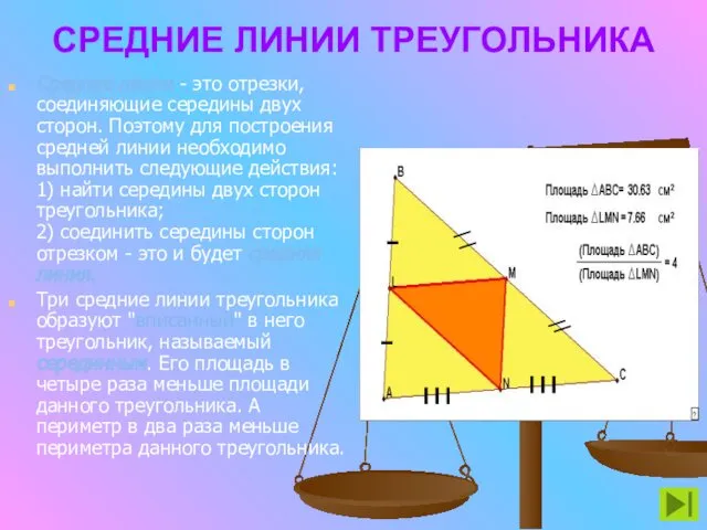 СРЕДНИЕ ЛИНИИ ТРЕУГОЛЬНИКА Средние линии - это отрезки, соединяющие середины