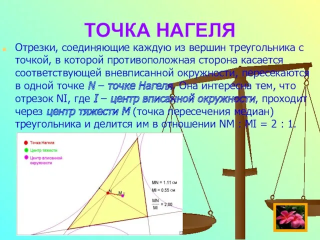 ТОЧКА НАГЕЛЯ Отрезки, соединяющие каждую из вершин треугольника с точкой,