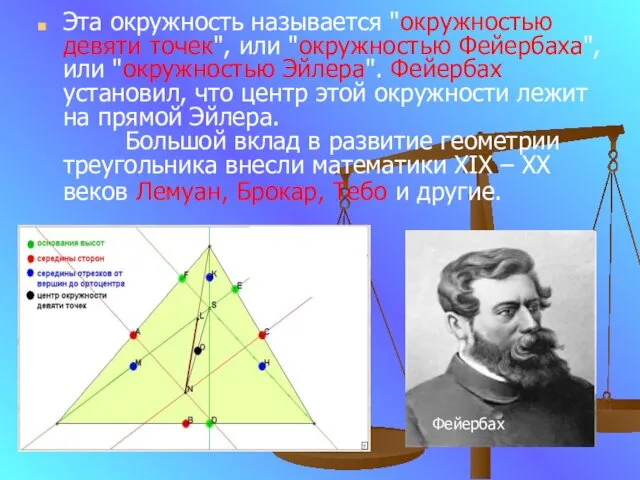 Эта окружность называется "окружностью девяти точек", или "окружностью Фейербаха", или