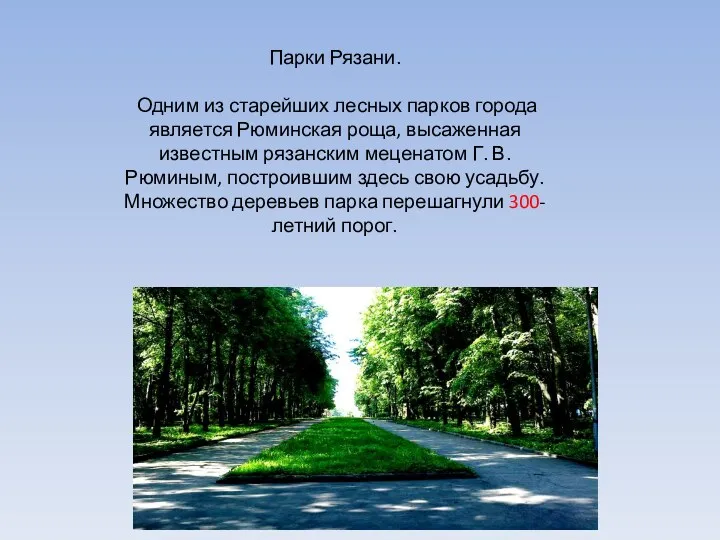 Парки Рязани. Одним из старейших лесных парков города является Рюминская