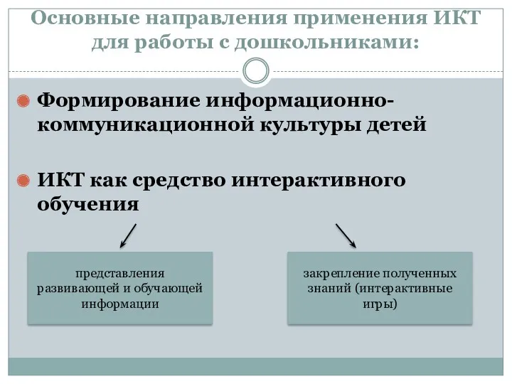 Основные направления применения ИКТ для работы с дошкольниками: Формирование информационно-коммуникационной культуры детей ИКТ