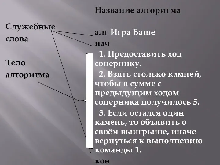 Название алгоритма алг Игра Баше нач 1. Предоставить ход сопернику.