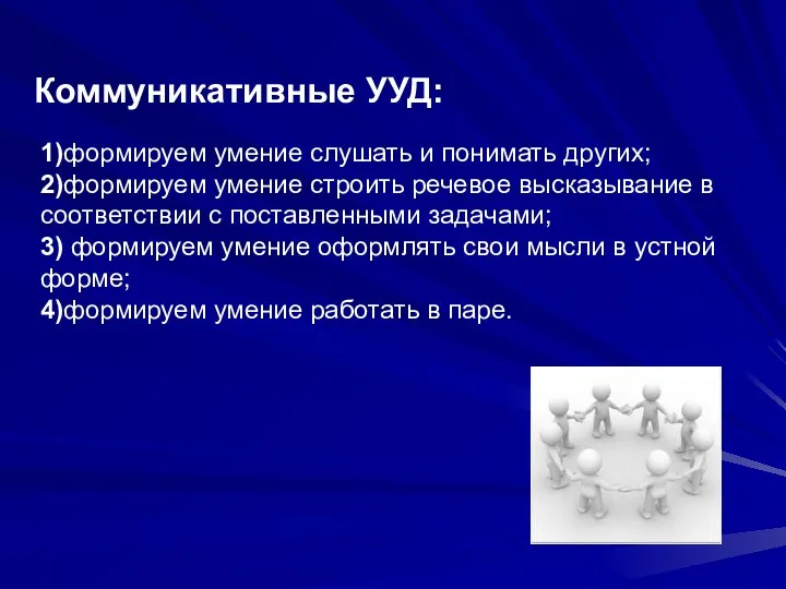 1)формируем умение слушать и понимать других; 2)формируем умение строить речевое