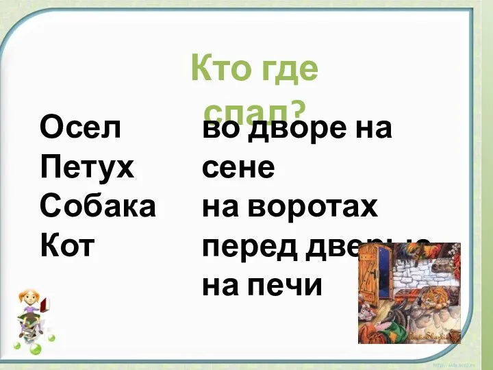 Кто где спал? во дворе на сене на воротах перед