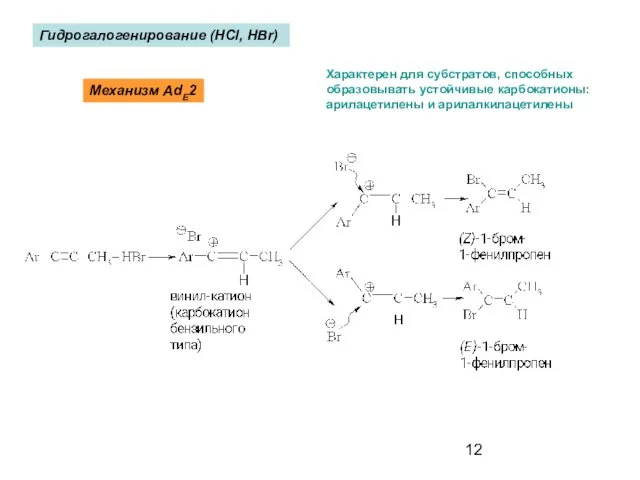 Гидрогалогенирование (HCl, HBr) Механизм AdE2 Характерен для субстратов, способных образовывать устойчивые карбокатионы: арилацетилены и арилалкилацетилены