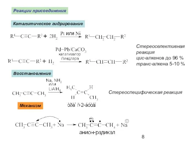 Реакции присоединения Каталитическое гидрирование Стереоселективная реакция цис-алкенов до 96 %