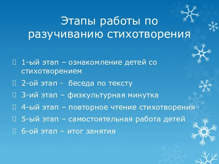 Этапы работы по разучиванию стихотворения 1-ый этап – ознакомление детей