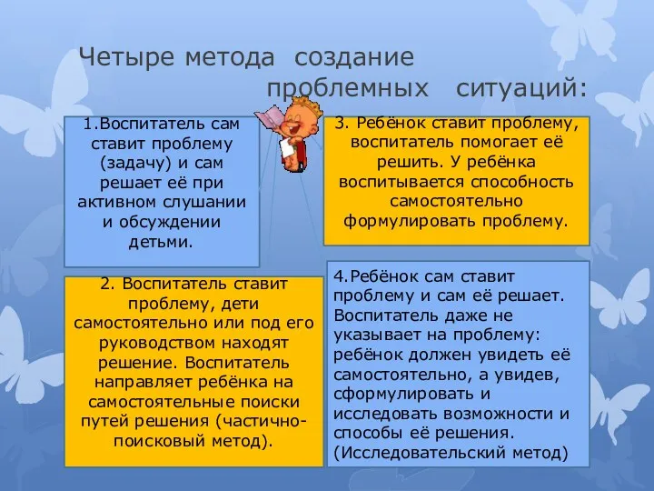 Четыре метода создание проблемных ситуаций: 1.Воспитатель сам ставит проблему (задачу)