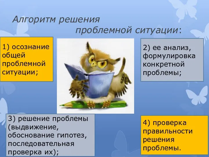 Алгоритм решения проблемной ситуации: 1) осознание общей проблемной ситуации; 2)