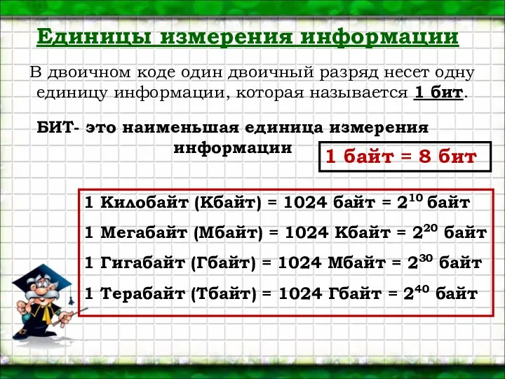 В двоичном коде один двоичный разряд несет одну единицу информации, которая называется 1