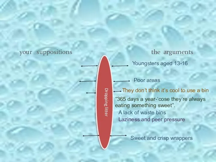 your suppositions the arguments Dropping litter Youngsters aged 13-16 Poor