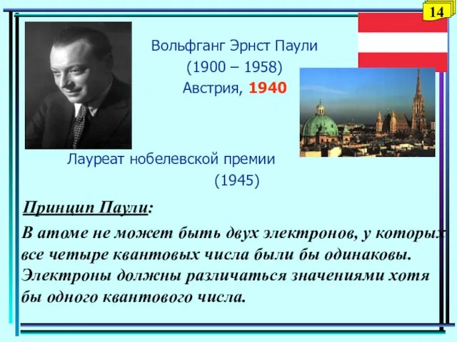 Вольфганг Эрнст Паули (1900 – 1958) Австрия, 1940 Лауреат нобелевской