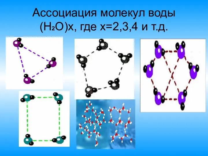 Ассоциация молекул воды (Н2О)x, где x=2,3,4 и т.д.