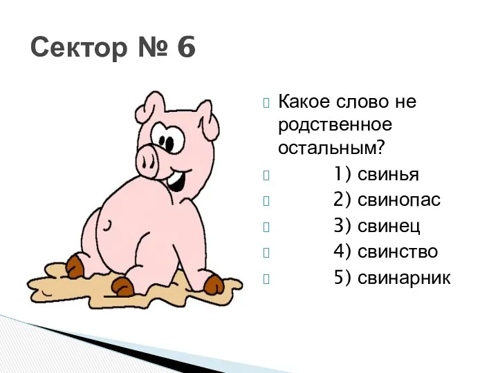 Сектор № 6 Какое слово не родственное остальным? 1) свинья