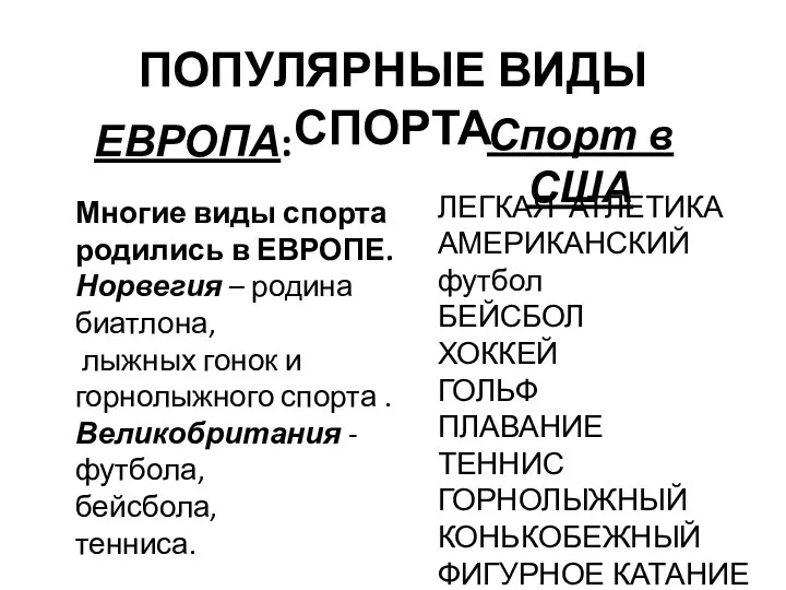 ЕВРОПА: Многие виды спорта родились в ЕВРОПЕ. Норвегия – родина