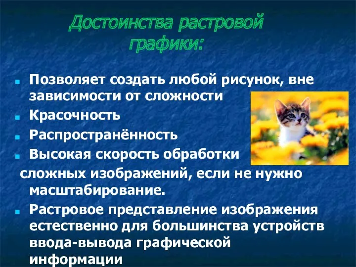 Достоинства растровой графики: Позволяет создать любой рисунок, вне зависимости от