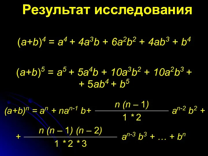 Результат исследования (a+b)4 = a4 + 4a3b + 6a2b2 +