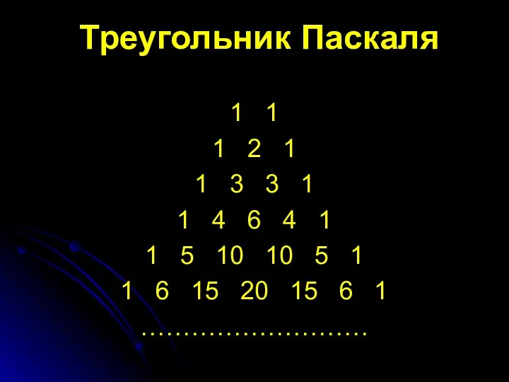 Треугольник Паскаля 1 1 1 2 1 1 3 3