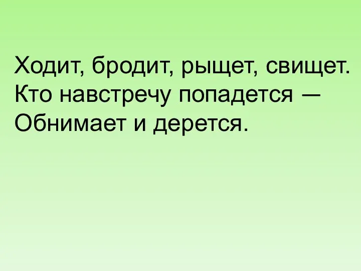 Ходит, бродит, рыщет, свищет. Кто навстречу попадется — Обнимает и дерется.