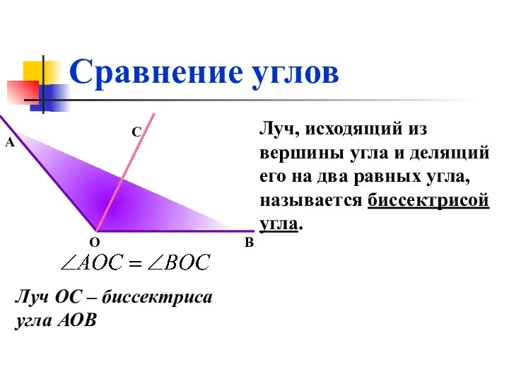 Сравнение углов А О В С Луч, исходящий из вершины