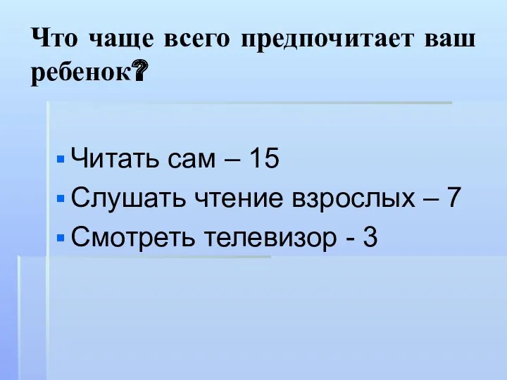 Что чаще всего предпочитает ваш ребенок? Читать сам – 15